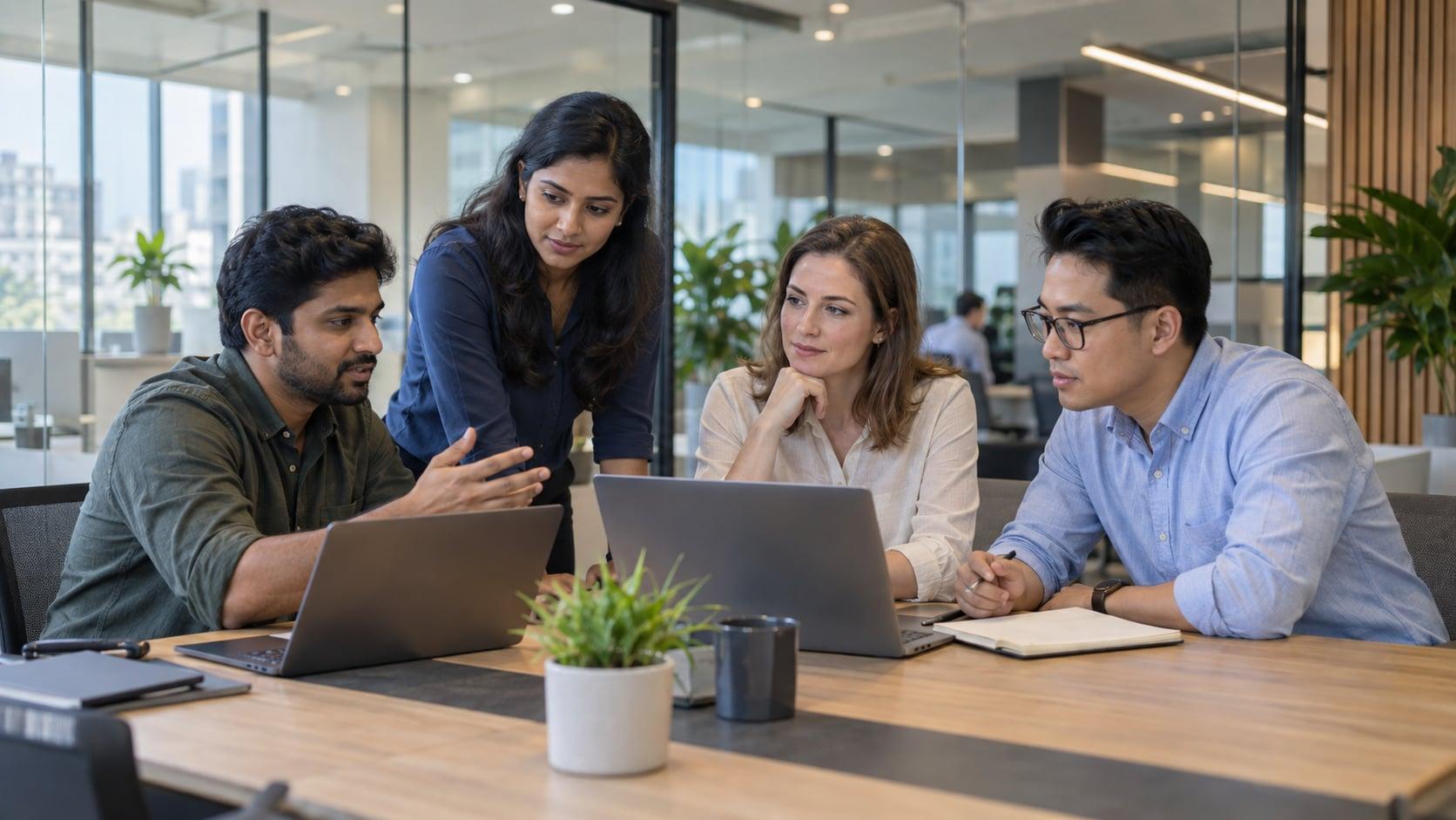 Team collaborating around computers in a shared workspace